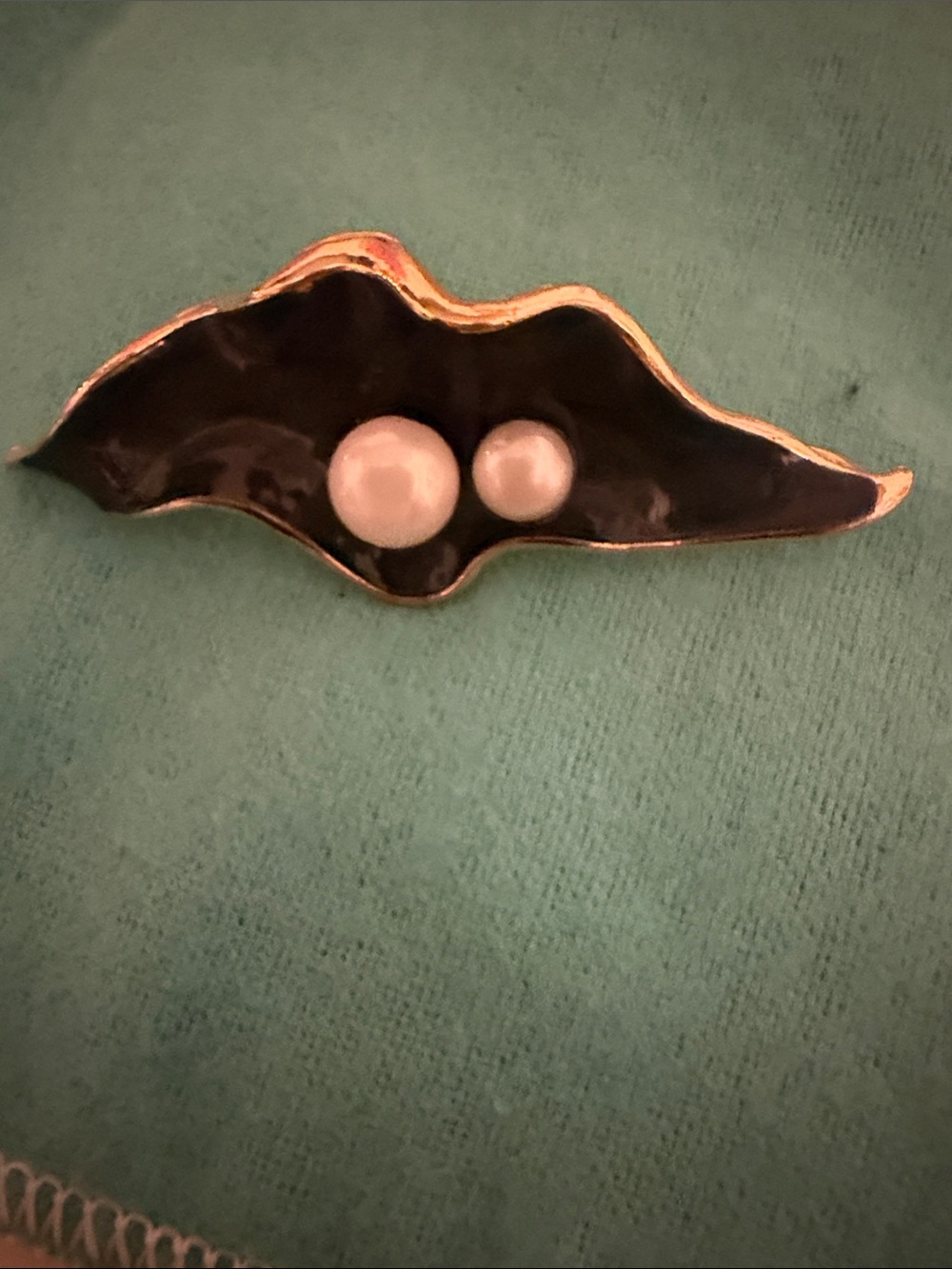 Black Enamel Leaf-Shaped Brooch with Pearl Accents